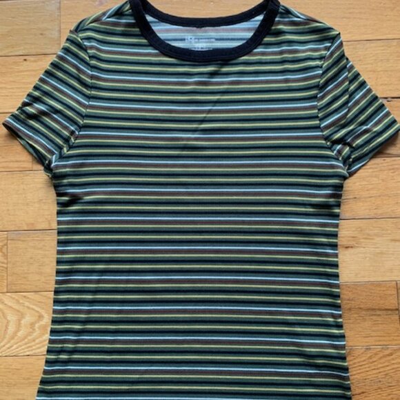 No Boundaries Ribbed Striped Ringer Tee | Green Yellow Black | Size M (7–9) - Picture 2 of 7